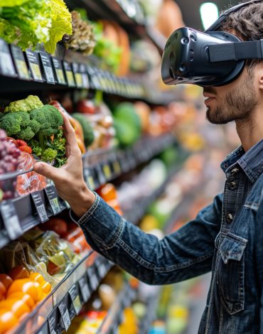Homme dans un supermarché avec un casque de réalité virtuelle