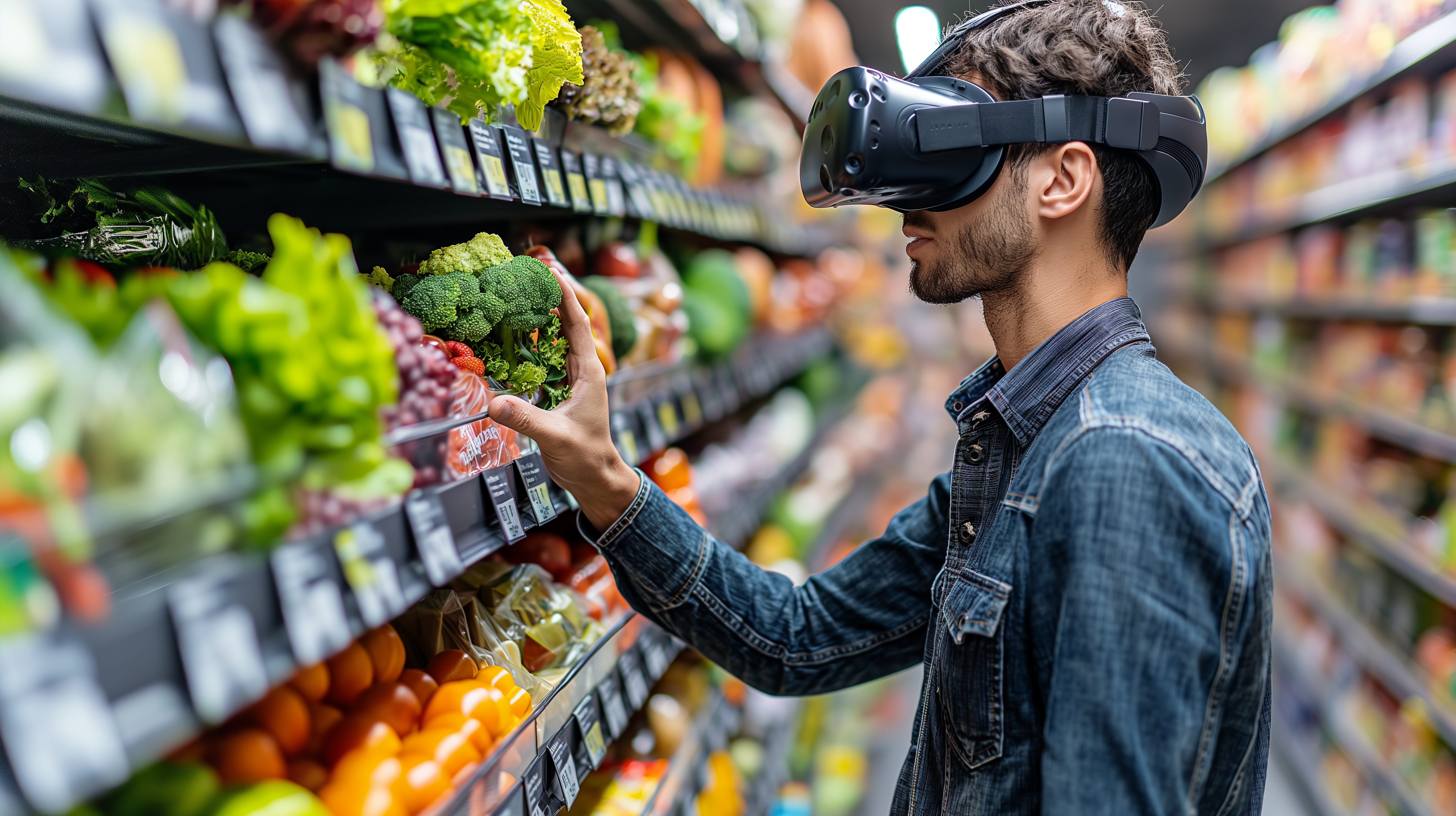 Homme dans un supermarché avec un casque de réalité virtuelle